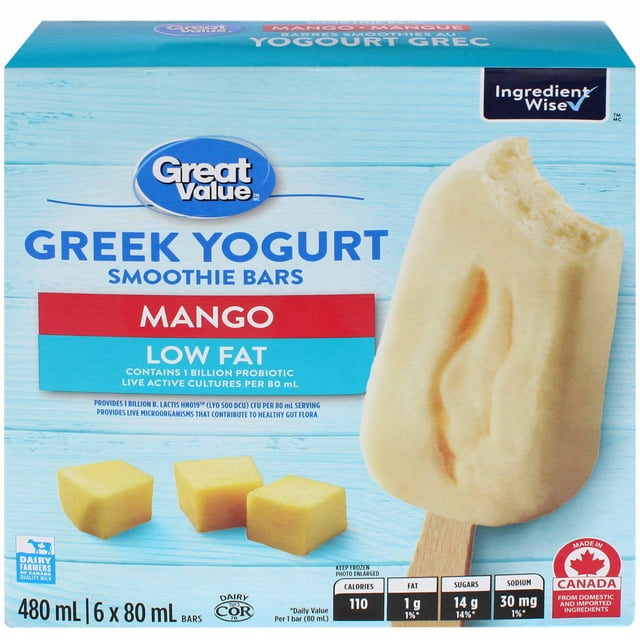 Great Value Mango Greek Yogurt Smoothie Bars box with a light blue wood-textured background, showing three mango cubes and one bitten creamy frozen yogurt bar on a wooden stick, highlighting low fat, probiotic live active cultures, and calcium source in this frozen treat suitable for a healthy snack.