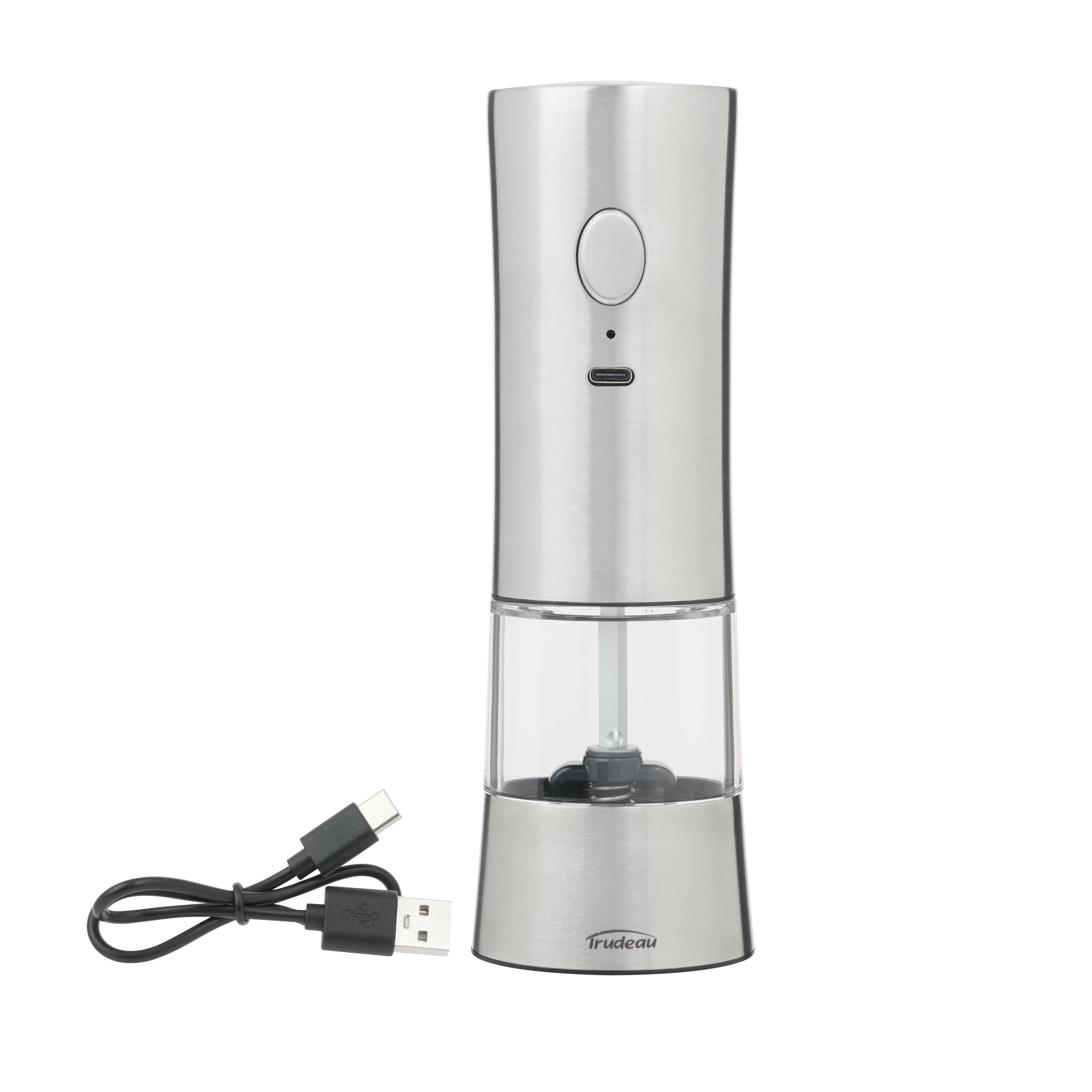 Trudeau 7" EVO USB Rechargeable Electric Stainless Steel Salt or Pepper Mill with one-touch operation, adjustable grind. USB-C charging—no batteries required – Unfilled