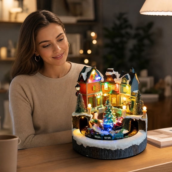 Fzsteel Figurine de Maison Enneigée de Noël Lumineuse 12,60 Pouces de Hauteur, Petite Scène de Village d'Hiver Décoration de Table pour Étagère Manteau de Cheminée, Panneaux Givrés Lumineux