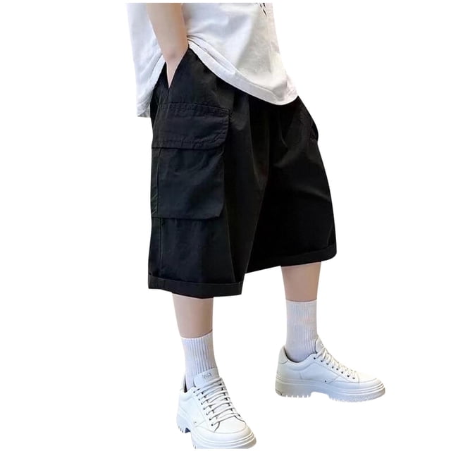 Short Cargo Ample pour Garçon, Jambe Droite, Short Cool, Poche à Rabat, Short à Lettres Patchées, Noir, 10-11 Ans