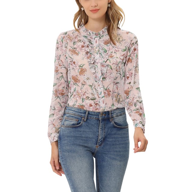 INSPIRE CHIC Women's Ruffle Collar Long Sleeve Button Down Floral Shirt