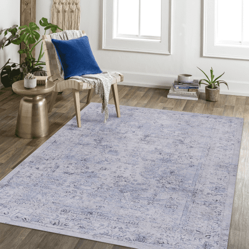 Blue Washable Rug 5x8 Area Rug (Blue+Cream, 5' x 8')