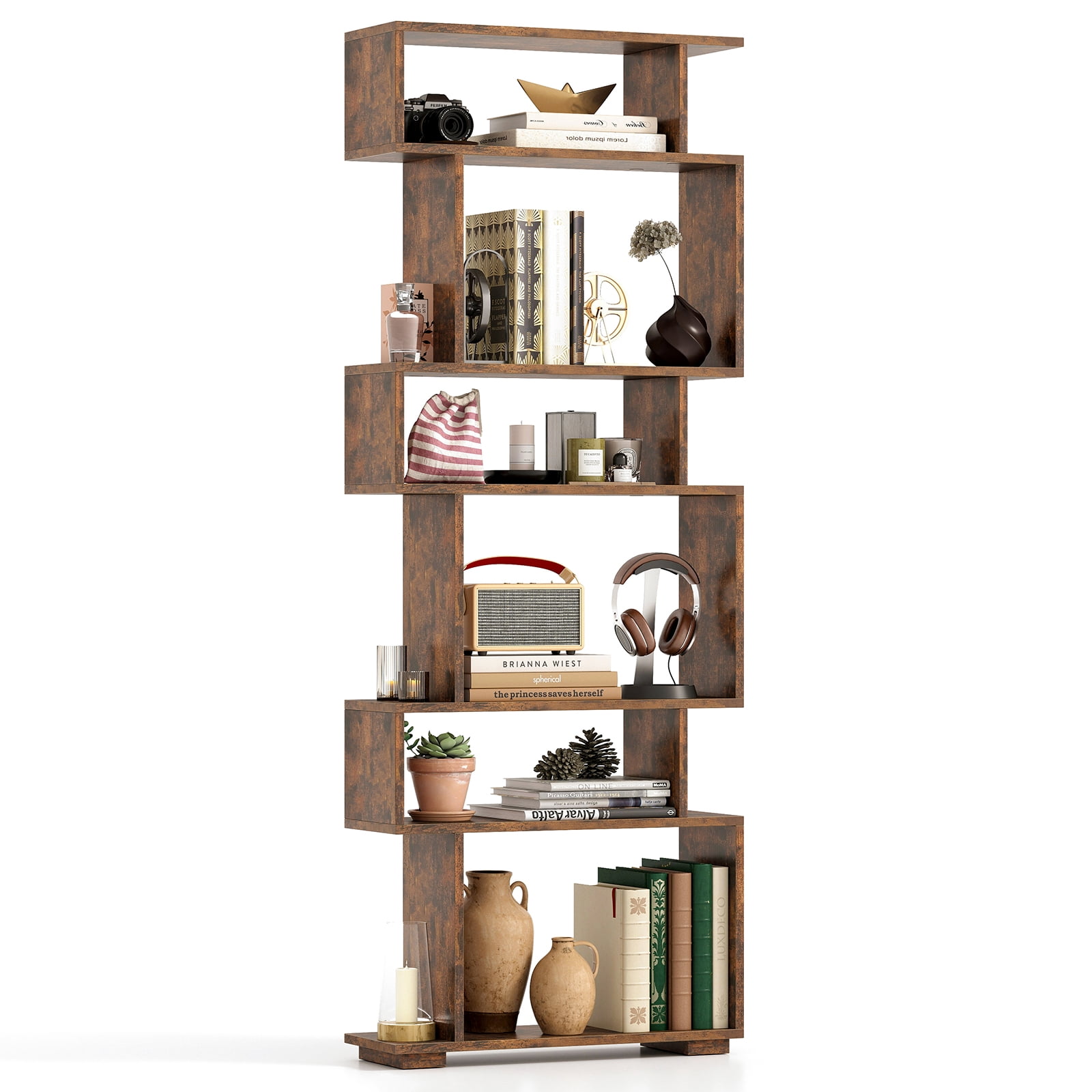 Patiojoy 6-tier S-shaped Bookshelf 64" Open-back Bookcase Home Wood Organizer Free-standing Storage Shelf Rustic Brown