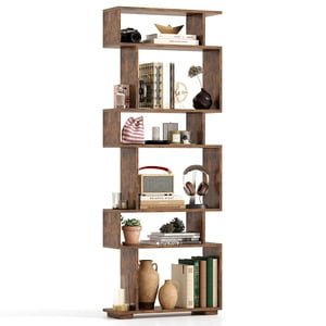 Patiojoy 6-tier Bibliothèque en forme de S 64" Bibliothèque ouverte Accueil Organisateur de bois Étagère de stockage autonome Rustic Brown