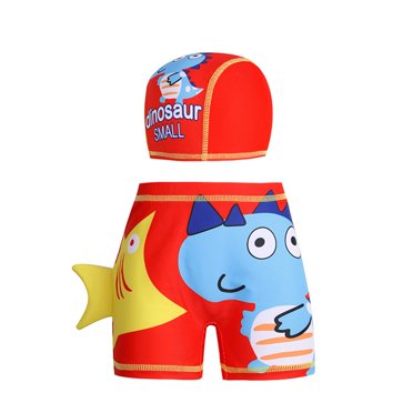 Wo-Fusoul Shorts de Bain pour Garçons 0-6 Ans, Imprimé Dinosaure Taille Élastique, Maillot de Bain à devant Plat avec Ensemble Bonnet de Bain Assorti, Maillot de Bain Sportif à Séchage Rapide pour Enfants et Tout-Petits