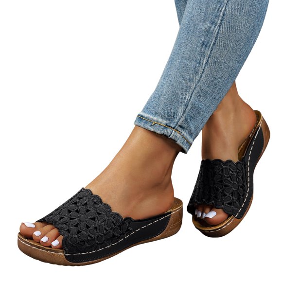 Sandales Compensées Basses Confortables pour Femmes pour la Plage, Plateforme, Bout Ouvert, Mules d'Été Élégantes avec Soutien de la Voûte Plantaire, Noir, Taille 7,5