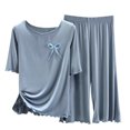 thumbnail image 1 of Ohufall Womens Pajama Sets Ruffle Pleated T Shirts with Elastic Waist Pants Sets Solid Color Loose Fit Home Wear Pj Sets For Woman, 1 of 3