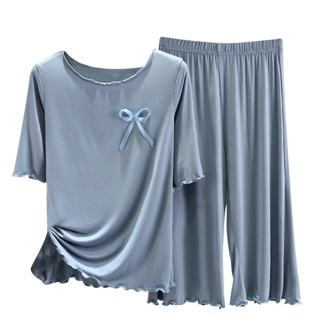 Ohufall Womens Pajama Sets Ruffle Pleated T Shirts with Elastic Waist Pants Sets Solid Color Loose Fit Home Wear Pj Sets For Woman