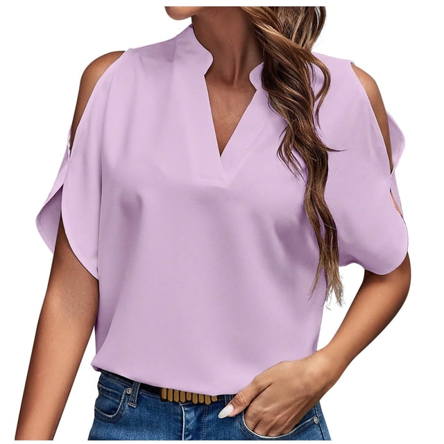 FAIWAD Summer Tops for Women Off The Shoulder V Neck Shirts Solid Color Going Out Blouses