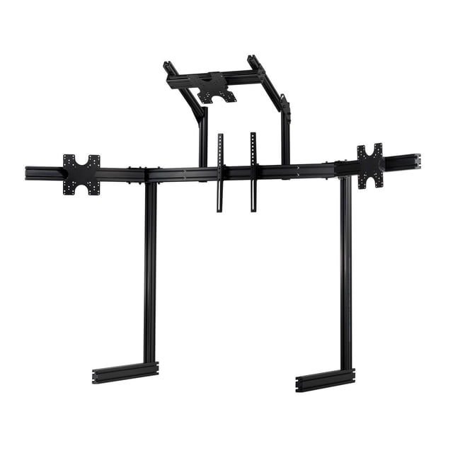 NEXT LEVEL RACING® Elite Quad Monitor Stand Black Edition with black anodized 6063 aluminum frame supporting four 21- to 43-inch monitors, adjustable width and height for immersive sim racing setups, also suitable for multi-display workstation use.