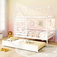 thumbnail image 1 of Gymax Twin Size House Bed with Trundle Wooden Platform Bed w/ Roof Chimney & Window White, 1 of 10