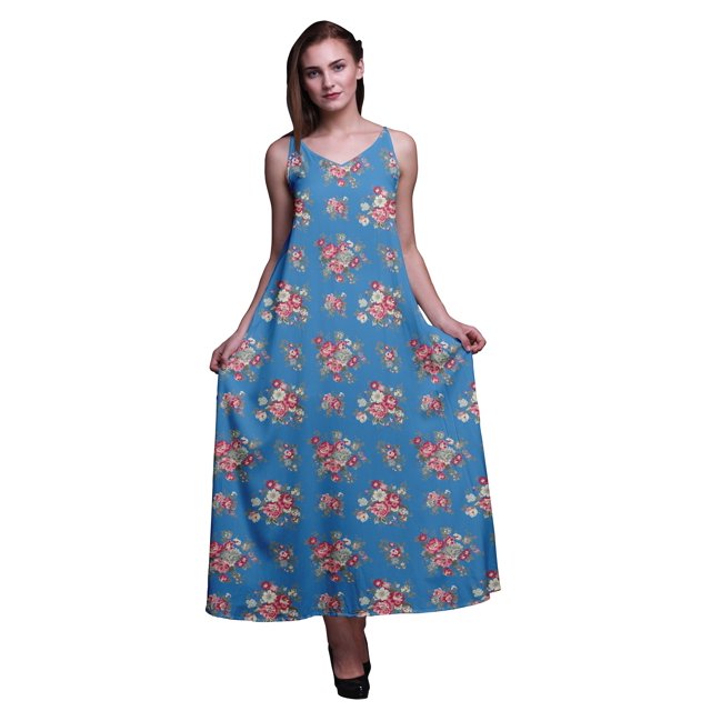 Bimba Robe Maxi à Bretelles Spaghetti Sans Manches pour Femmes en Rayonne à Imprimé Floral, Coupe Évasée - Grand