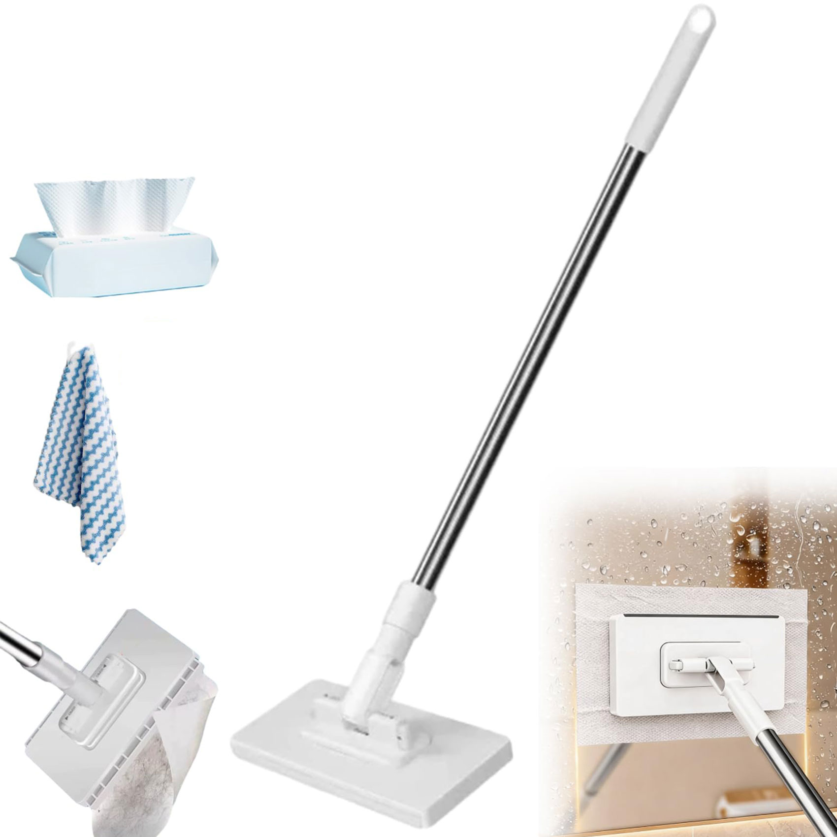 Snap Grip Mini Mop | Zero Touch Mini Mop: Disposable Clip Mopstick W/10 Reusable Cloths, Wet&Dry ClickMop for Floors, 40inch Locking Handle for Gaps & Multi-Surface, No Wash