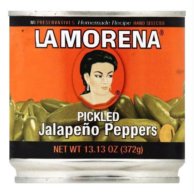 Piments Pickjalapeño la Morena Piments jalapeño Marinés en Conserve de 13,13 oz (372 g) avec Étiquette orange Présentant une silhouette de portrait Centrale et des Piments jalapeño Verts, Étiquetés Sans Agents de Conservation, Recette Maison, Sélectionnés à la Main, Convenant pour Ajouter une Saveur Épicée aux Plats.