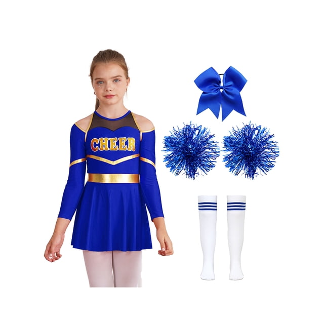 Zaldita Costume de Pom-Pom Girl pour Filles Enfants à Manches Longues Robe de Cheerleading avec Pompons Attache-Cheveux en Stock Tenue de Performance de Danse B Bleu 14