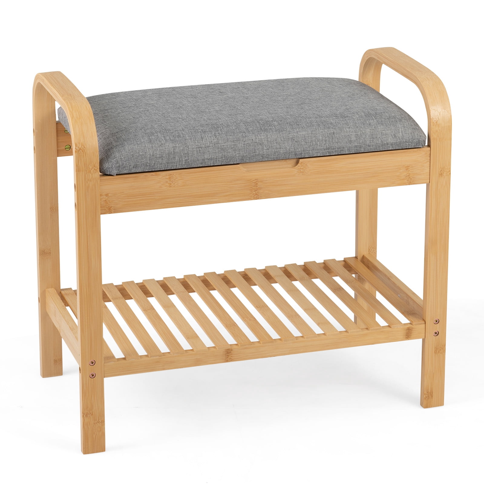 Gymax Shoe Rack Bench Bamboo W/Cushioned Seat&Storage Shelf Padded Seat Shoe Bench