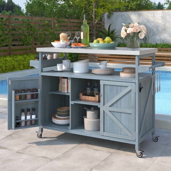 K&K Outdoor Kitchen Island, Rolling Bar Cart & Storage Cabinet, Farmhouse Solid Wood Outdoor Grill Table with Stainless Steel Top, Spice Rack , Towel Rack for Kitchen & BBQ, Grey Blue
