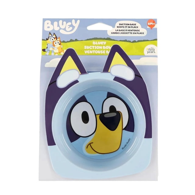 The First Years - Bluey Baby & Toddler Suction Bowl with a blue and yellow cartoon dog face design and suction base that keeps the bowl steady for self-feeding toddlers 6 months and older, BPA-free with deep sides for easier scooping and easy cleaning.