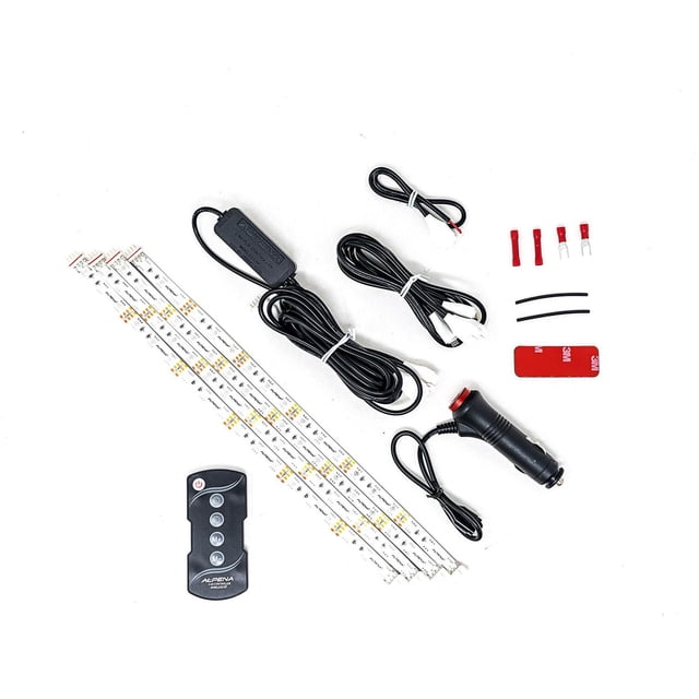 Alpena UV LED Light Interior Exterior Strip Starter Kit with four 12-inch flexible multicolour LED strips, 12V cigarette lighter power plug, remote control, wiring cables, connectors, heat shrink tubing, and 3M adhesive tape for easy automotive interior and exterior lighting customization.
