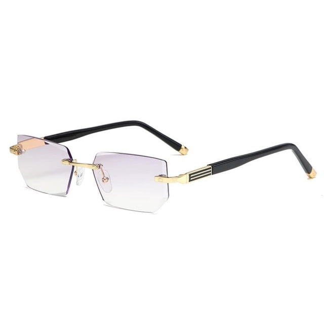 Blue Light Blocking Reading Glasses for Men and Women with a lightweight frame and progressive multifocus lenses. The rimless design features gold-tone metal accents and black temple arms. The anti-reflective resin lenses protect against blue light, making them ideal for presbyopia, computer work, reading, and outdoor activities. Includes a glasses case and cleaning cloth.