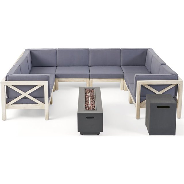 Thasos Bois 8 Places en Forme de Canapé Sectionnel & Foyer Gris/gris Foncé