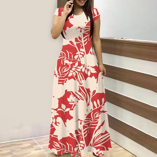 Robes pour Femmes 2024 Été Oversize Col Rond Manches Courtes Imprimé Quotidien Décontracté Vintage Bohème Robe Maxi Rabais de 50 % Liquidation!