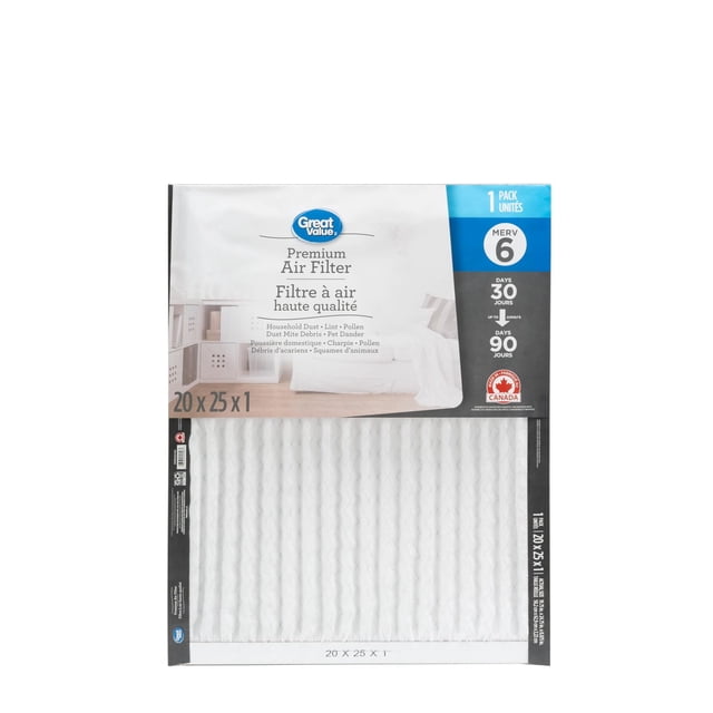20x25x1 Great Value Air Filter Merv 6 with pleated white filter media in a rectangular frame, packaged with a label showing a home interior, filter size, MERV 6 rating, and Canadian origin. Designed to capture dust, pet dander, and pollen, it helps maintain indoor air quality and protect HVAC systems, lasting up to 90 days.