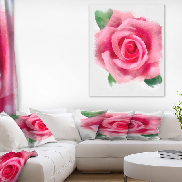 Big Pink Rose Flower with Leaves - Large Floral Canvas Artwork