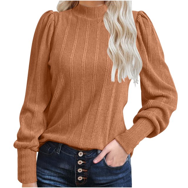 Timegard Hauts d'Automne pour Femmes Manches Longues Bouffantes Col Rond T-Shirts Décontractés Sports Couleur Unie Blouses Basiques