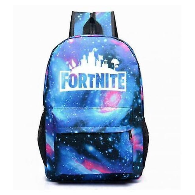 Fortnite School Bag Backpack made of durable canvas material, featuring a glow-in-the-dark design with a vibrant galaxy pattern. The backpack includes a spacious main compartment, a front zippered pocket, and adjustable padded shoulder straps for comfort. Suitable for boys and girls for school or travel. Dimensions: 31 x 18 x 47 cm.