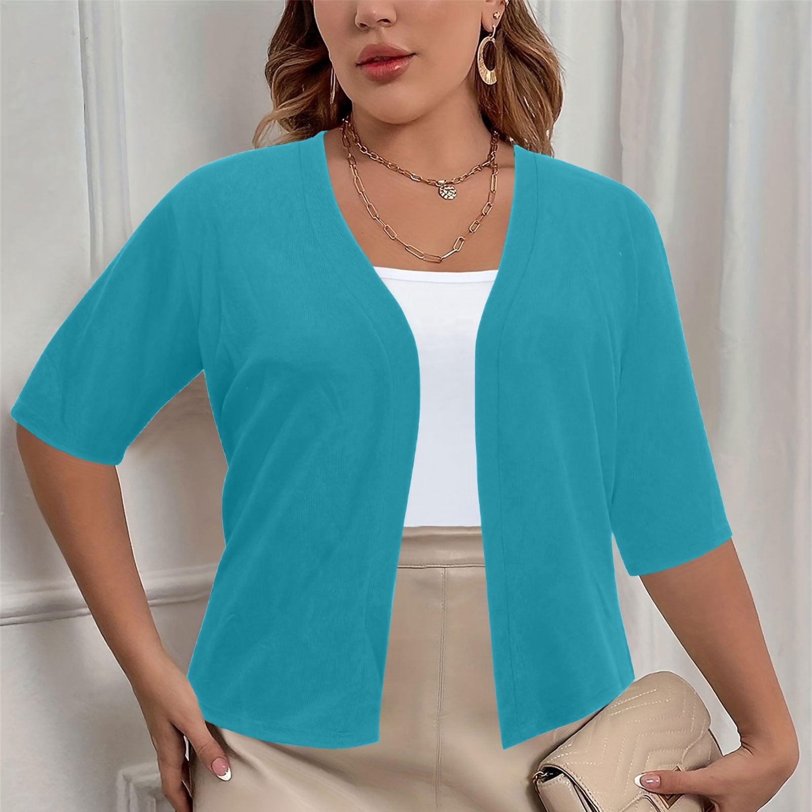 CFLVAEK Fall Cardigan Sweaters for Plus Size Women Casual Short Sleeve Open Front Shrugs Soft Solid Color Cropped Boleros Lightweight Cardigans Cover Ups Mint Green XXXXL