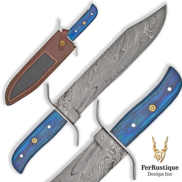 FRD: 15-Inch Damascus Steel Bowie Knife with 10-Inch Blade, Full Tang & Pakka Wood Handle with Leather Sheath - BLUE
