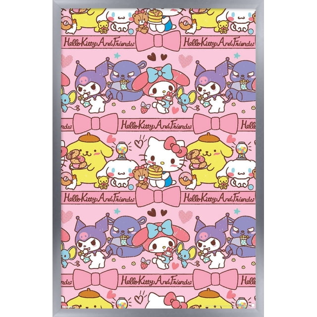Hello Kitty and Friends: 25 Snack Time - Collage Wall Poster, 14.725" x 22.375" framed, displaying a pink patterned background with Hello Kitty and friends including My Melody, Kuromi, Pompompurin, and Cinnamoroll holding snacks like pancakes, donuts, and cookies, accented with pink bows and hearts, lightweight and easy to hang, suitable for decorating bedrooms, offices, or kid's rooms.