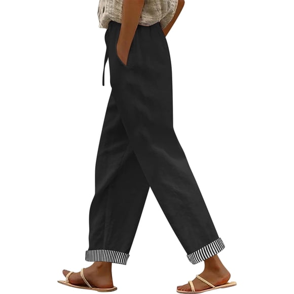 Nfurl Womens Pants with Pockets Elastic Waist Drawstring Cotton Linen Summer Pants Trendy Striped Hems Beach Vacation Casual Pants Black,S