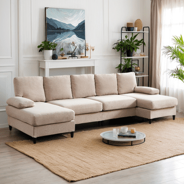 PUREMIND 114" U-Shaped Sectional Sofa, Linen 4 Seat Sectional Couch with Double Chaises for Living Room/Apartment, Beige