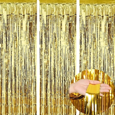 KIRIKOU Lot de 3 Rideaux à Franges en Feuille d'Or pour Arrière-Plan de Fête, Rideau en Guirlande Métallique 3,2 Pi x 6,5 Pi pour Arrière-Plan Photo d'Anniversaire, Enterrement de Vie de Jeune Fille, Douche Nuptiale et Bébé