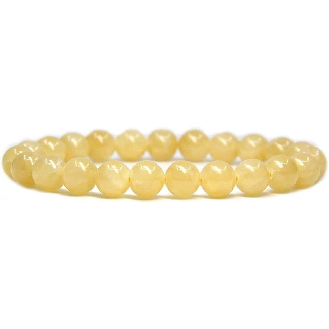 Bracelet Extensible en Perles Rondes de 8 mm en Jade Jaune Naturel, Longueur d'Environ 7 Pouces, Convient aux Hommes et aux Femmes. Comprend des Perles de Jade Jaune Polies avec des Motifs Uniques, Fait à la Main Sans Métal, Idéal pour les Peaux Sensibles. Comprend une Pochette de Rangement.