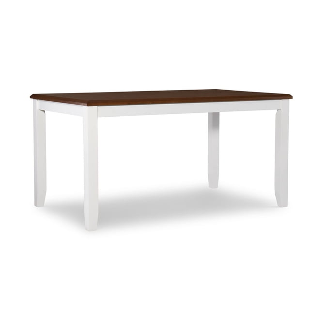Lander Dining Table with honey brown beveled ash veneer top and vanilla white solid rubberwood base, gently tapered legs, rectangular shape, 60"w x 36"d x 30"h, casual farmhouse style seating 4 to 6 people