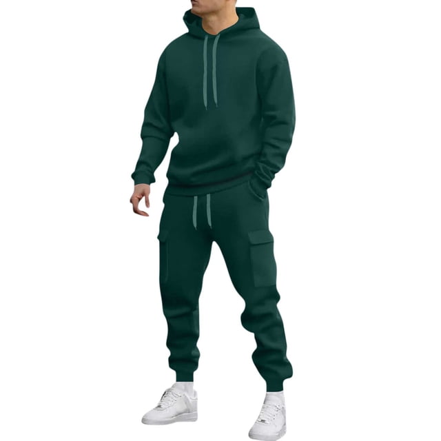 Mens Long Sleeve, Tracksuit with Hooded Pullover and Elastic Waist