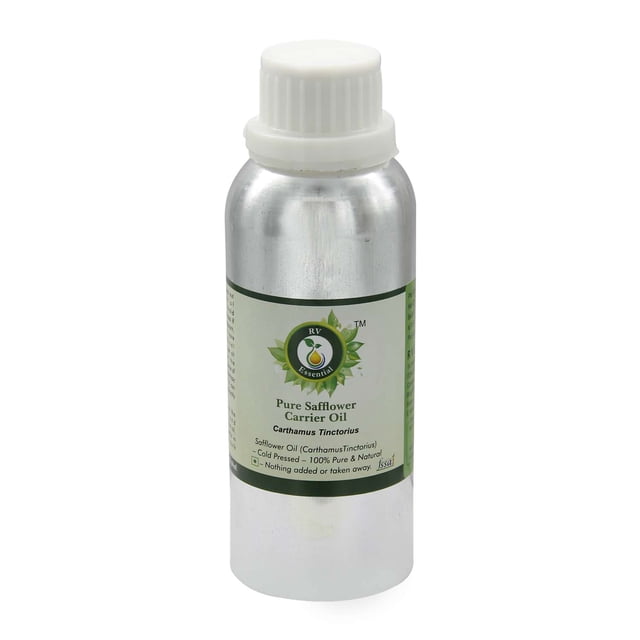 Safflower Oil Carthamus Tinctorius by R V Essential, 630ml (21oz) in a high-quality virgin aluminum bottle. 100% pure and natural cold-pressed body oil suitable for skin, cooking, painting, face, and hair care.
