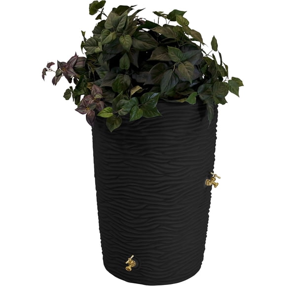 Good Ideas Impressions 50 Gallon Palm Trunk Rain Saver Barrel, 2 Spigots, Black