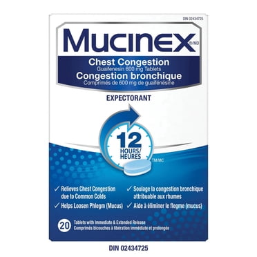 Mucinex® Congestion Bronchique, Comprimés Bicouches à Libération Prolongée de 12 Heures, Expectorant, 600 mg