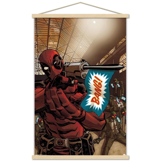 Marvel Comics - Deadpool - Affiche Murale Bang, 22,375 Po x 34 Po Représentant Deadpool en costume Rouge et Noir Visant un revolver Argenté avec un Drapeau Bleu Lisant « Bang! » en Lettres Rouges, sur Fond Industriel avec des Hommes Masqués en Complet Tenant des Drapeaux Similaires, Convient à la Décoration Murale de Chambre Ou de Bureau.
