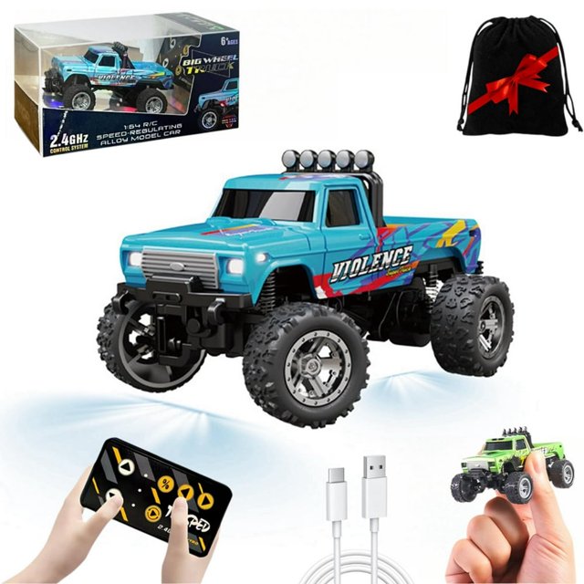 Mini Rc Monster Truck 1/64 Scale Monster Truck with Lights 2.4Ghz Remote Control Car Rechargeable Mini Monster Truck Rc Alloy Rc Semi Truck for Kids Gifts Speed Adjustable