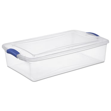 Sterilite 32 Liter Latch Box, Clear Plastic Storage Bin with Lid, Blue Latch