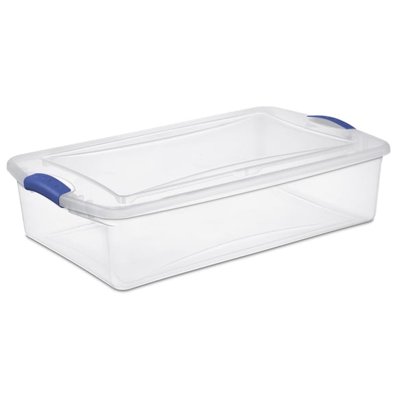 Sterilite Boîte à loquets de 32 litres, boîte de rangement en plastique transparent avec couvercle et loquet bleu