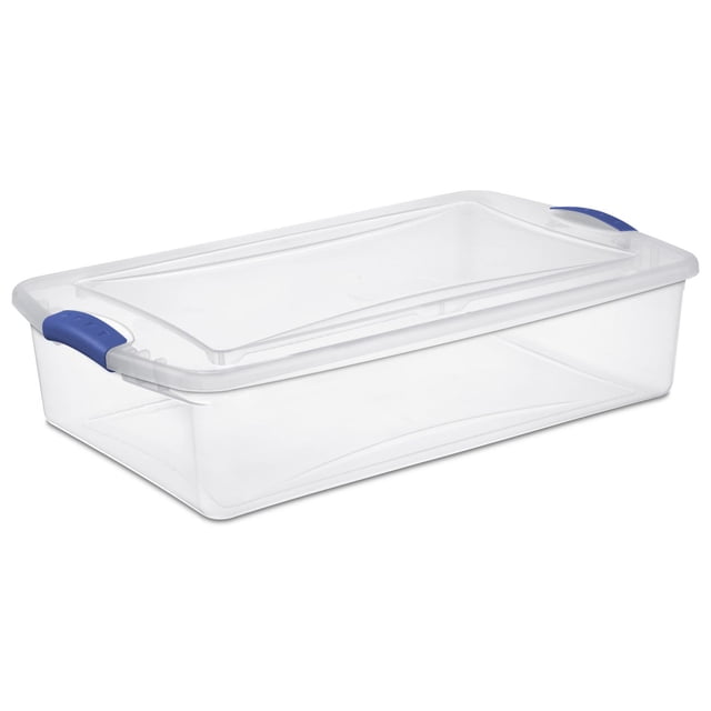 Sterilite 32 Liter Latch Box, Clear Plastic Storage Bin with Lid, Blue Latch centered front view of a shallow clear plastic bin with clear lid and blue accent latches. Recessed stackable lid and clear base for visible contents; outside dimensions 82 x 48.6 x 17.8 cm. Suitable for under-bed storage and organizing linens, towels or seasonal clothing; often used to store craft supplies or small hobby materials.