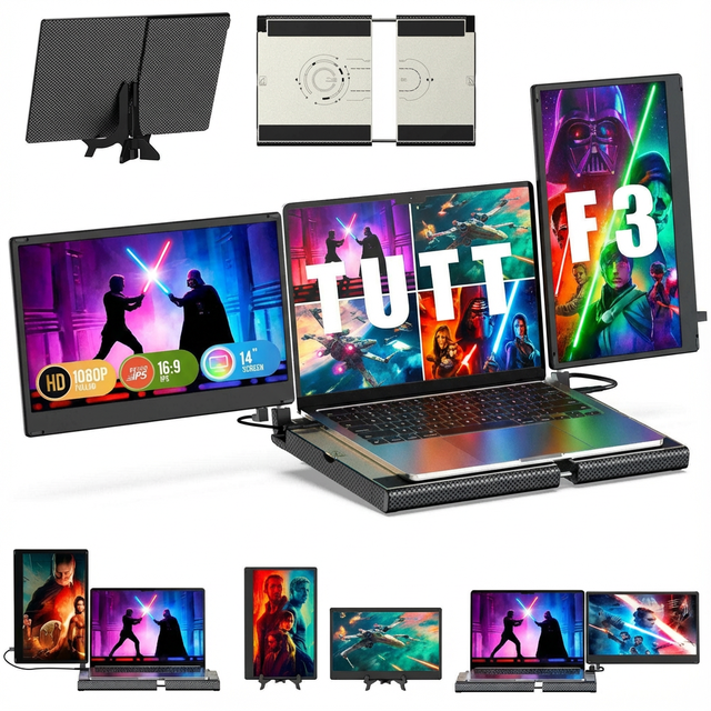 TUTT 14'' Portable Monitor with dual 14-inch LED screens attached to a laptop base featuring a 360° multi-position rotation stand. The setup includes vibrant Star Wars-themed visuals, an intelligent cooling base, universal USB-C/HDMI compatibility, lightweight aluminum design, built-in F3 speakers, and an H5 converter cable.
