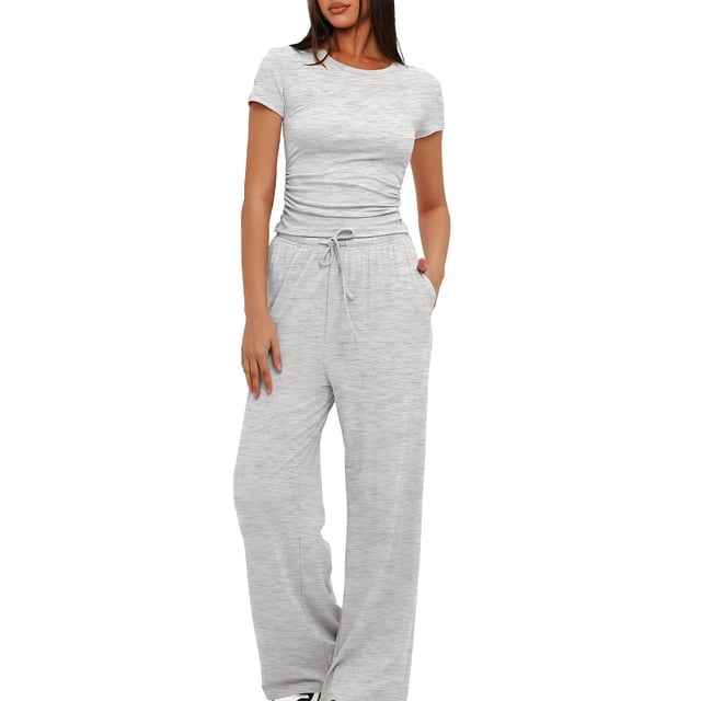 Birdeem Ensemble 2 Pcs Femme Mode Col Rond Uni Blouse à Manches Courtes + Pantalon Long Taille Élastique