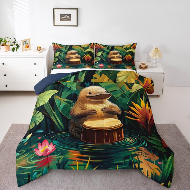 Erosebridal Ensemble de Literie pour Tout-Petit à Imprimé Ornithorynque, Couette avec Insert de Palmier de Jungle Tropicale, Réversible 2 Pcs